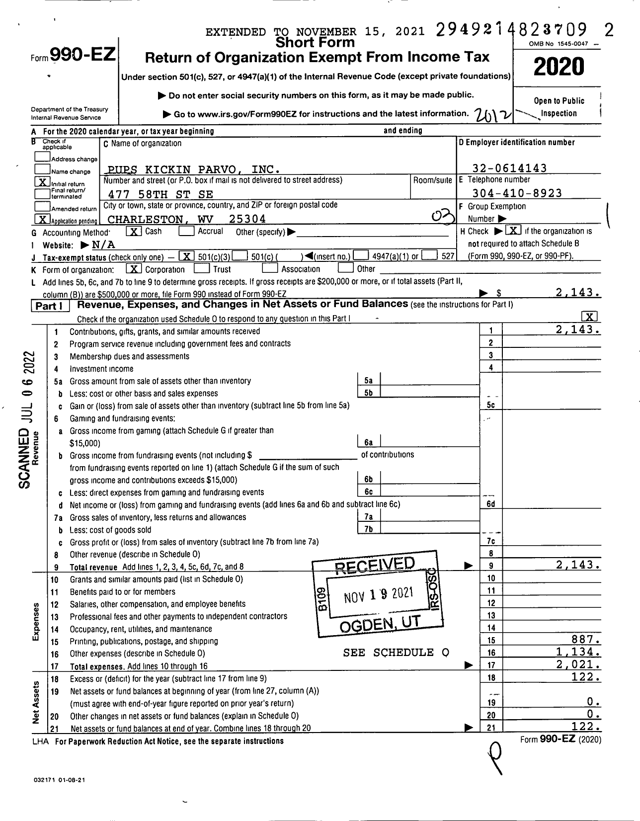 Image of first page of 2020 Form 990EZ for Pups Kickin Parvo