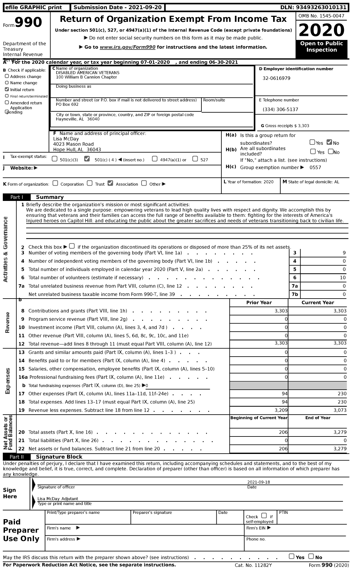 Image of first page of 2020 Form 990 for DISABLED AMERICAN VETERANS - 100 William B Cannion