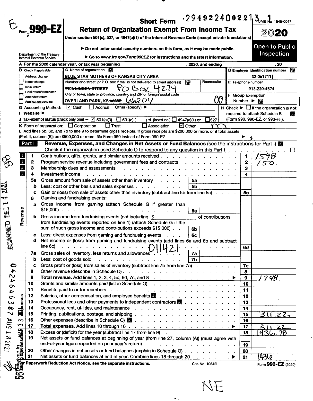 Image of first page of 2020 Form 990EZ for Blue Star Mothers of America / KS5 Blue Star Mothers of Kansas Cty