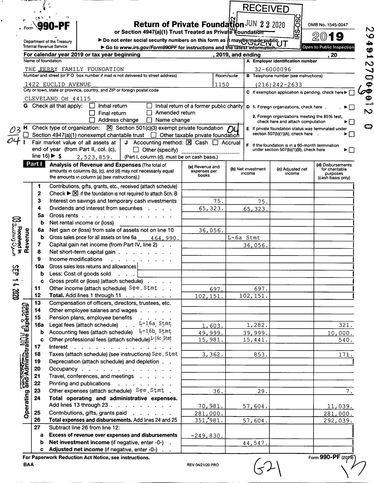 Image of first page of 2019 Form 990PF for The Ferry Family Foundation