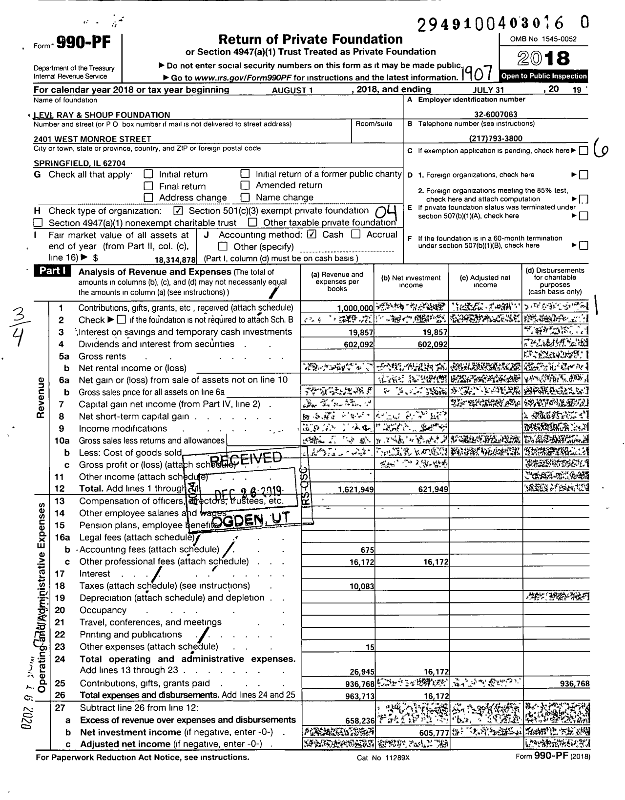 Image of first page of 2018 Form 990PR for Levi Ray and Shoup Foundation