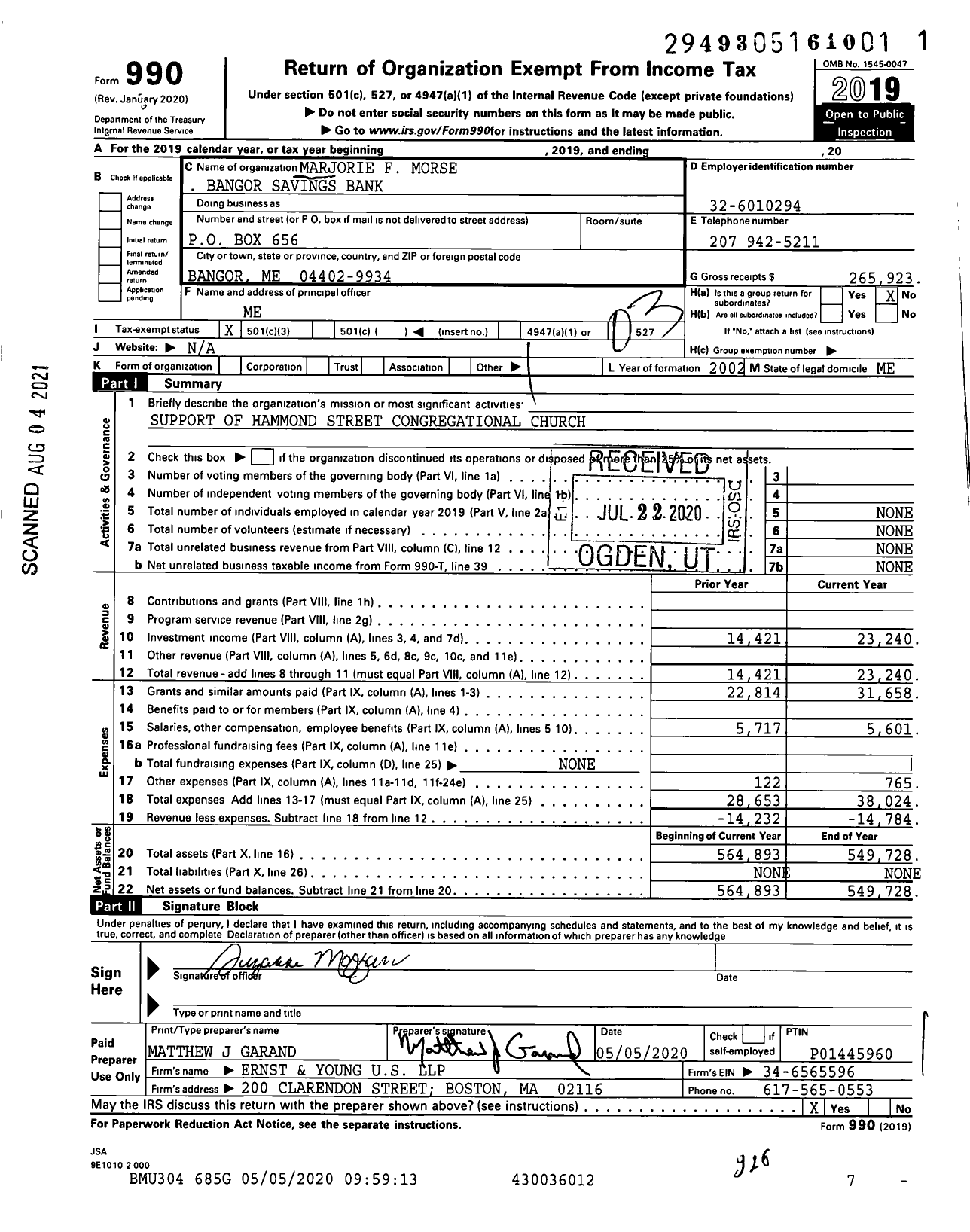 Image of first page of 2019 Form 990 for Marjorie F Morse