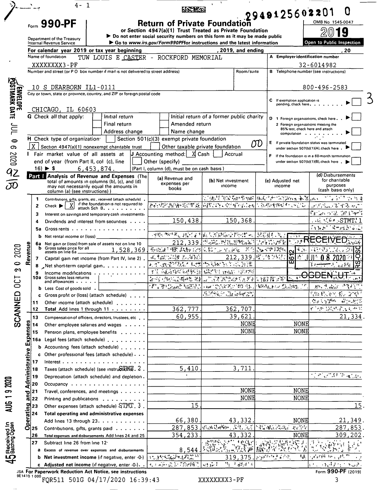 Image of first page of 2019 Form 990PR for Tuw Louis E Caster - Rockford Memorial