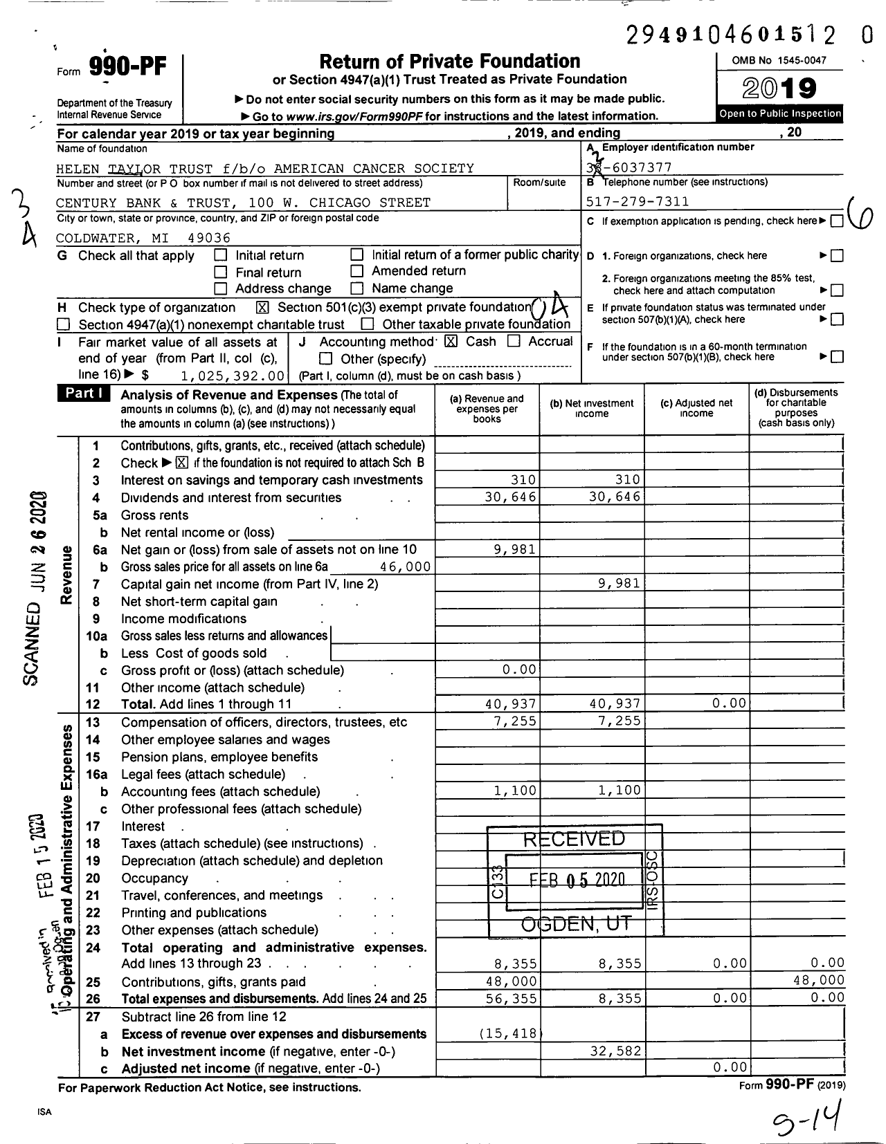 Image of first page of 2019 Form 990PR for Helen Taylor Irrev Trust FBO American Cancer Society