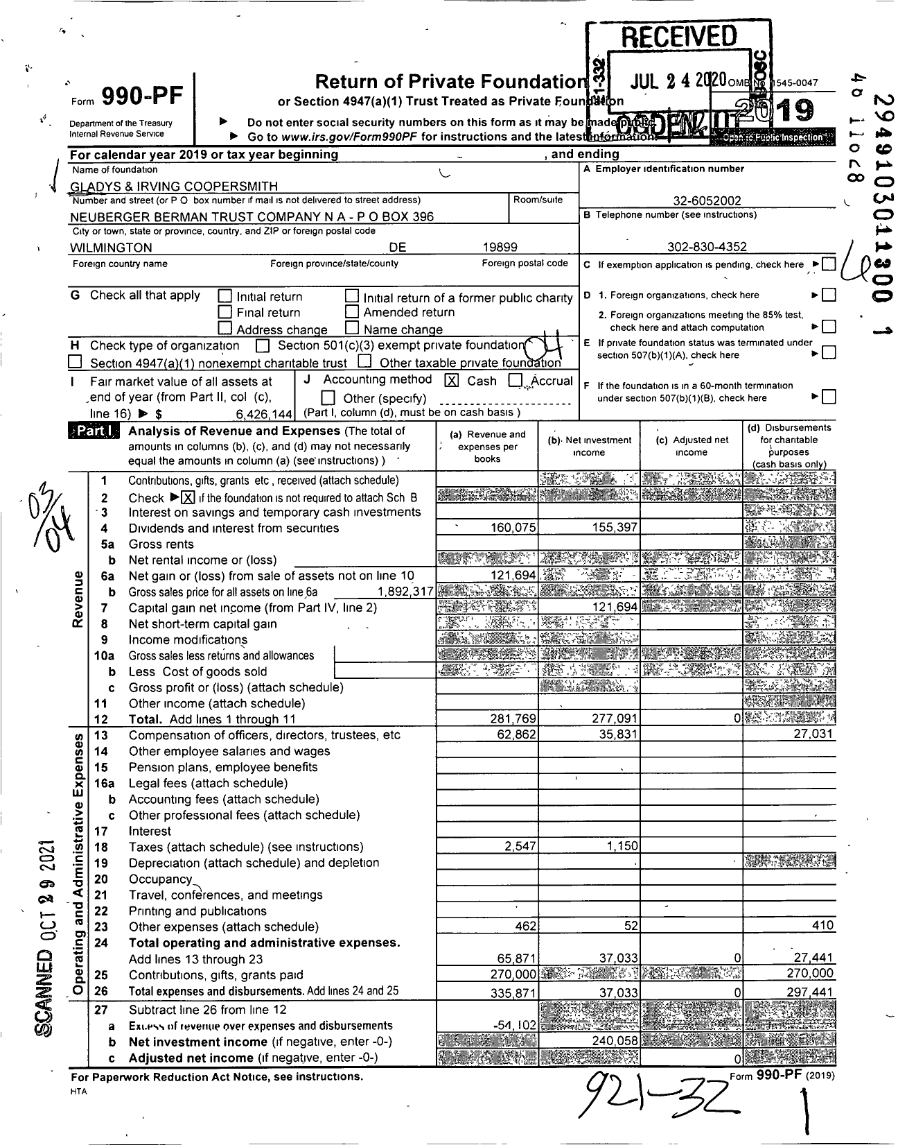 Image of first page of 2019 Form 990PF for Gladys and Irving Coopersmith Charitable Trust