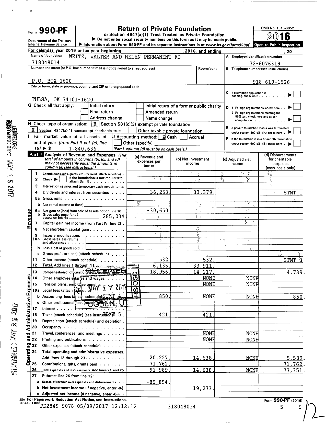 Image of first page of 2016 Form 990PF for Weitz Walter and Helen Permanent Fund
