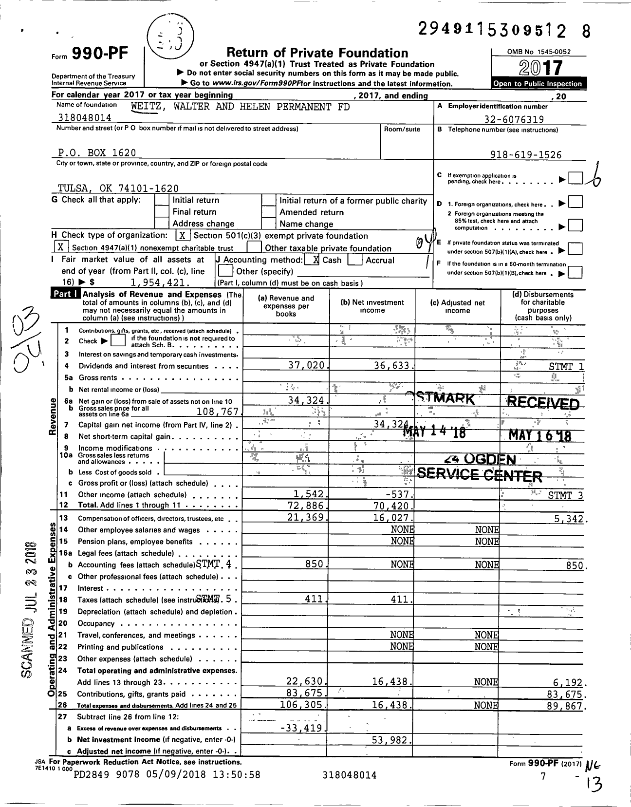 Image of first page of 2017 Form 990PF for Weitz Walter and Helen Permanent Fund
