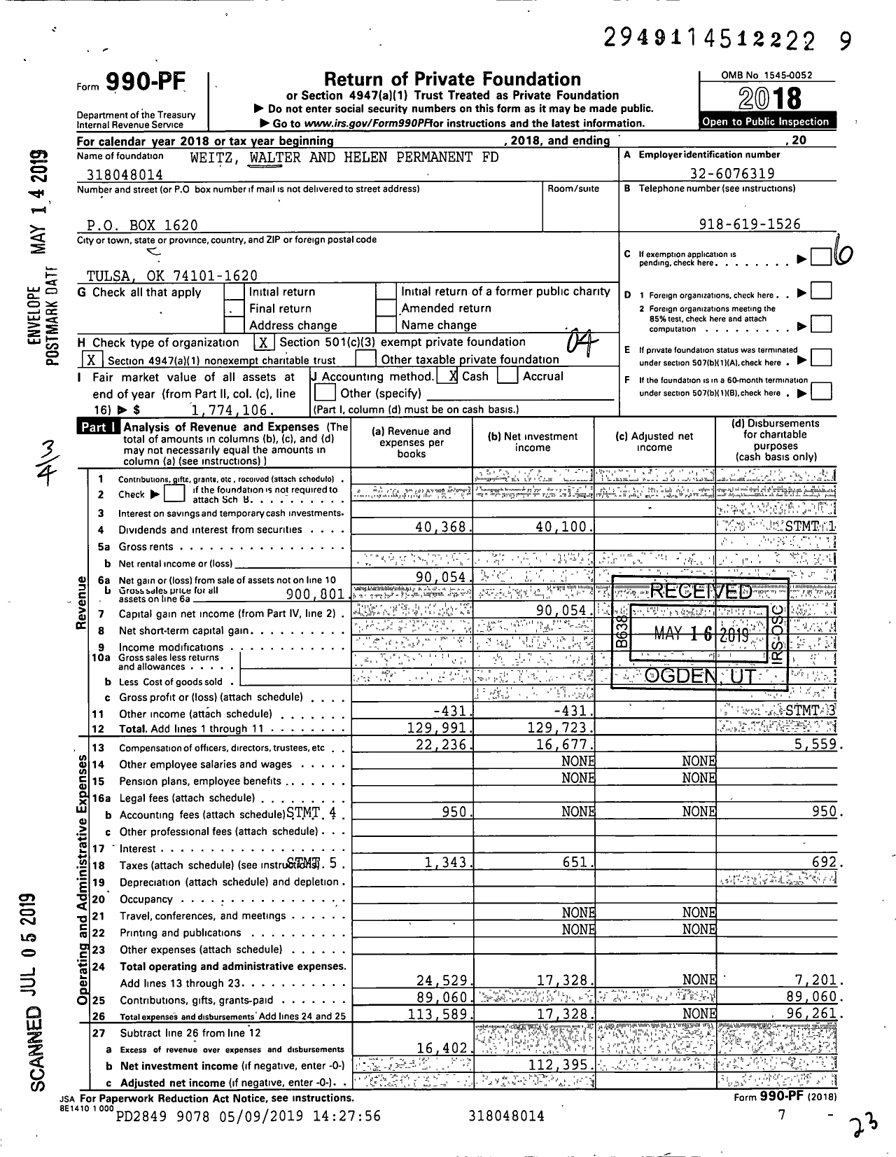 Image of first page of 2018 Form 990PF for Weitz Walter and Helen Permanent Fund