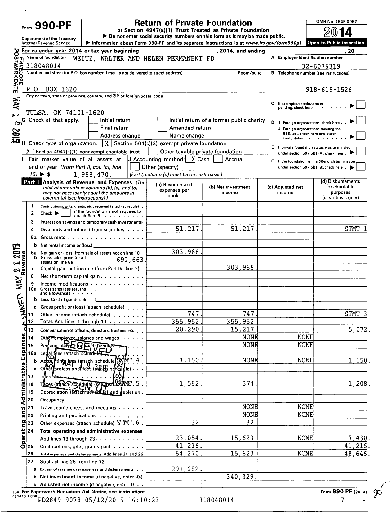 Image of first page of 2014 Form 990PF for Weitz Walter and Helen Permanent Fund