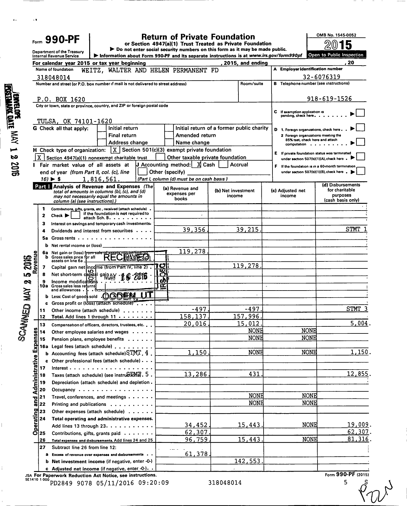 Image of first page of 2015 Form 990PF for Weitz Walter and Helen Permanent Fund