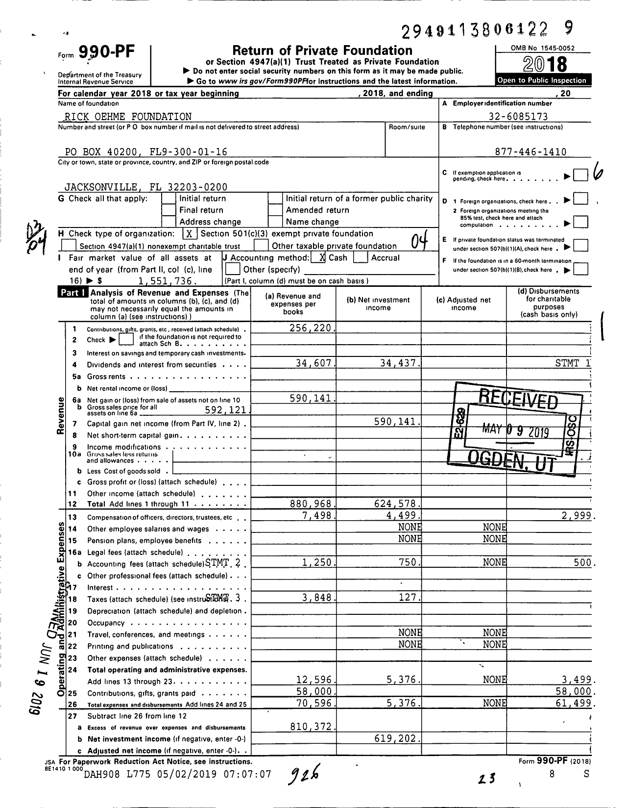Image of first page of 2018 Form 990PF for Rick Oehme Foundation