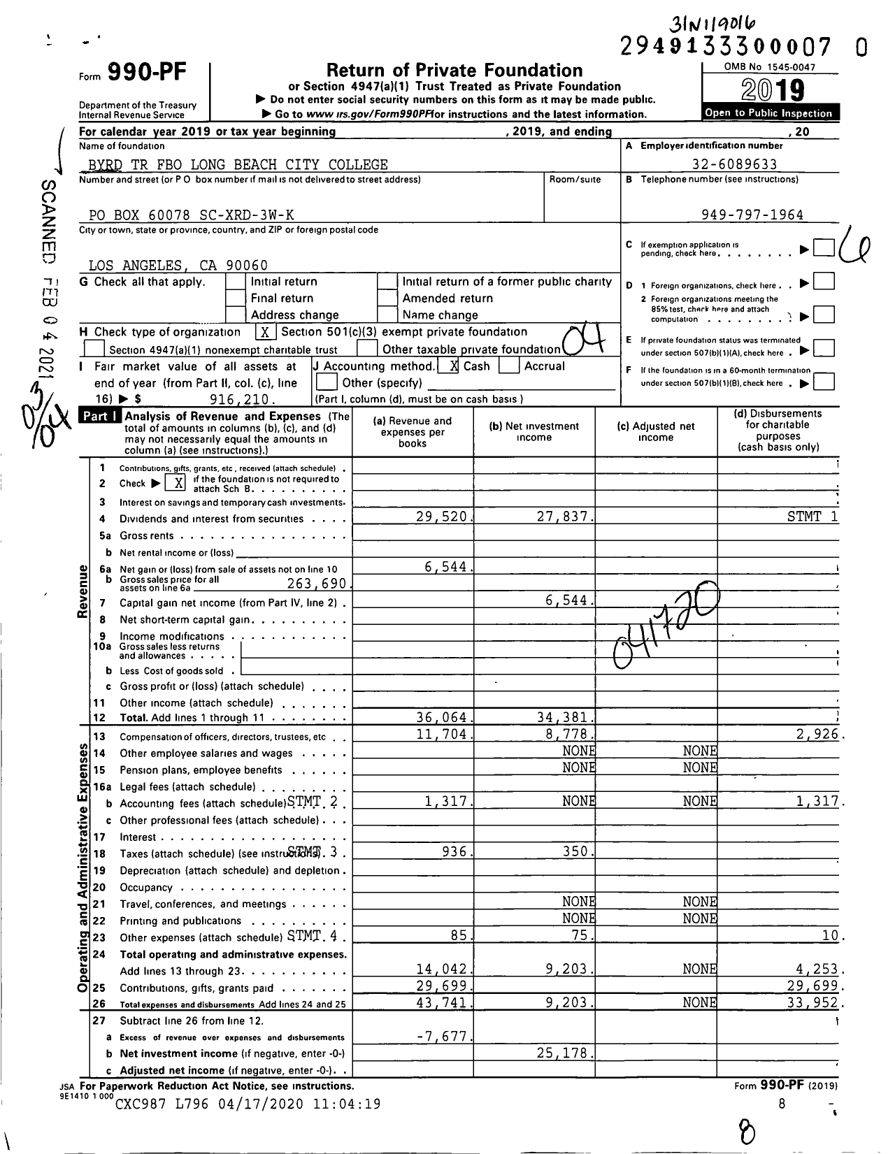 Image of first page of 2019 Form 990PF for Byrd TR Fbo Long Beach City College