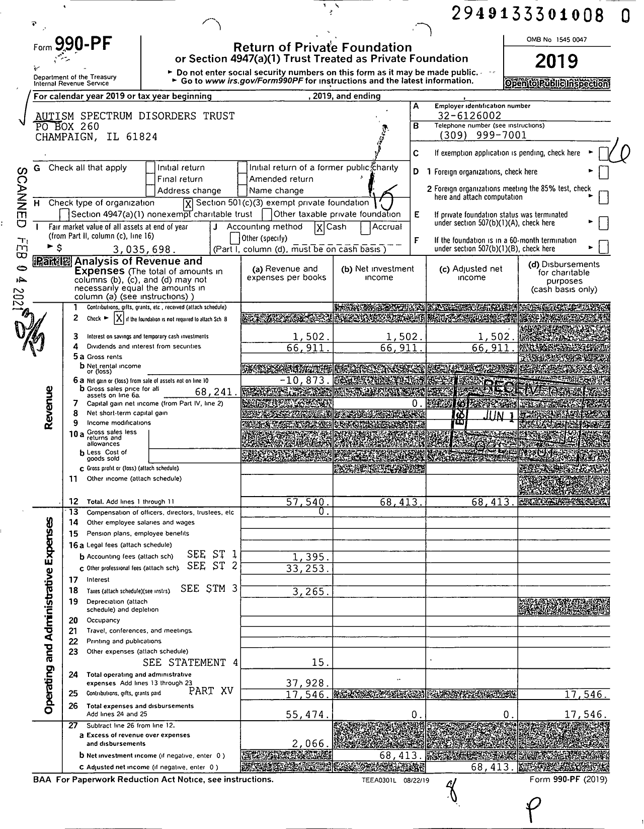 Image of first page of 2019 Form 990PF for Autism Spectrum Disorders Trust
