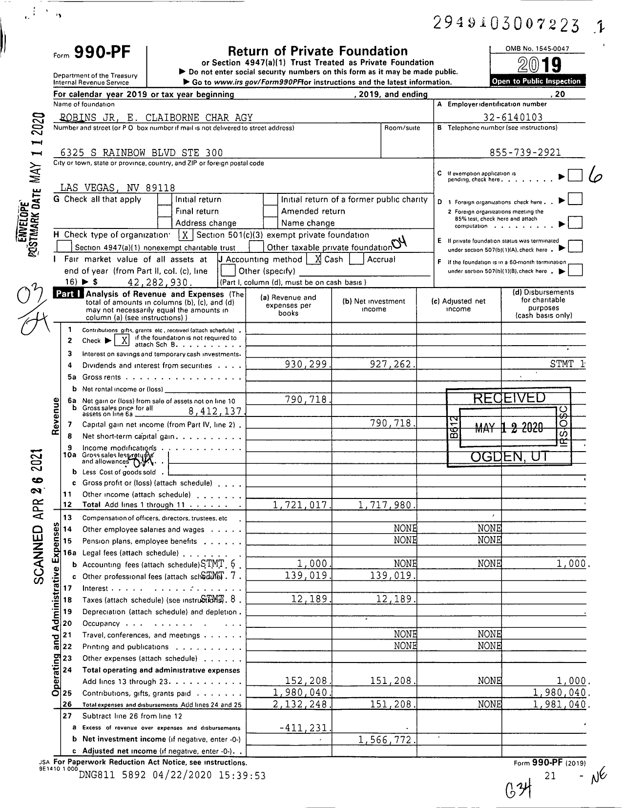 Image of first page of 2019 Form 990PF for E Claiborne Robins JR Charitable Trust