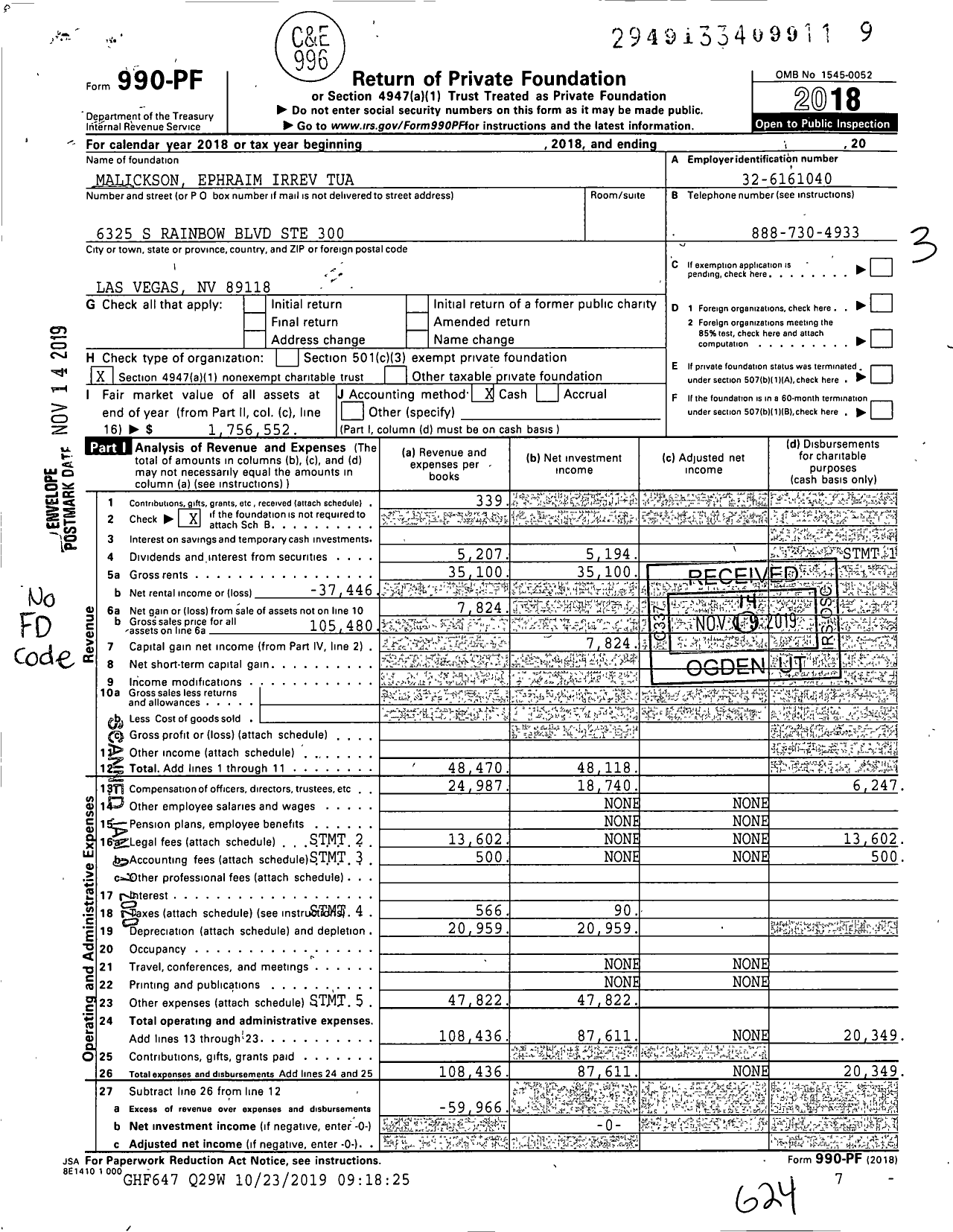 Image of first page of 2018 Form 990PF for Malickson Ephraim Irrev Tua