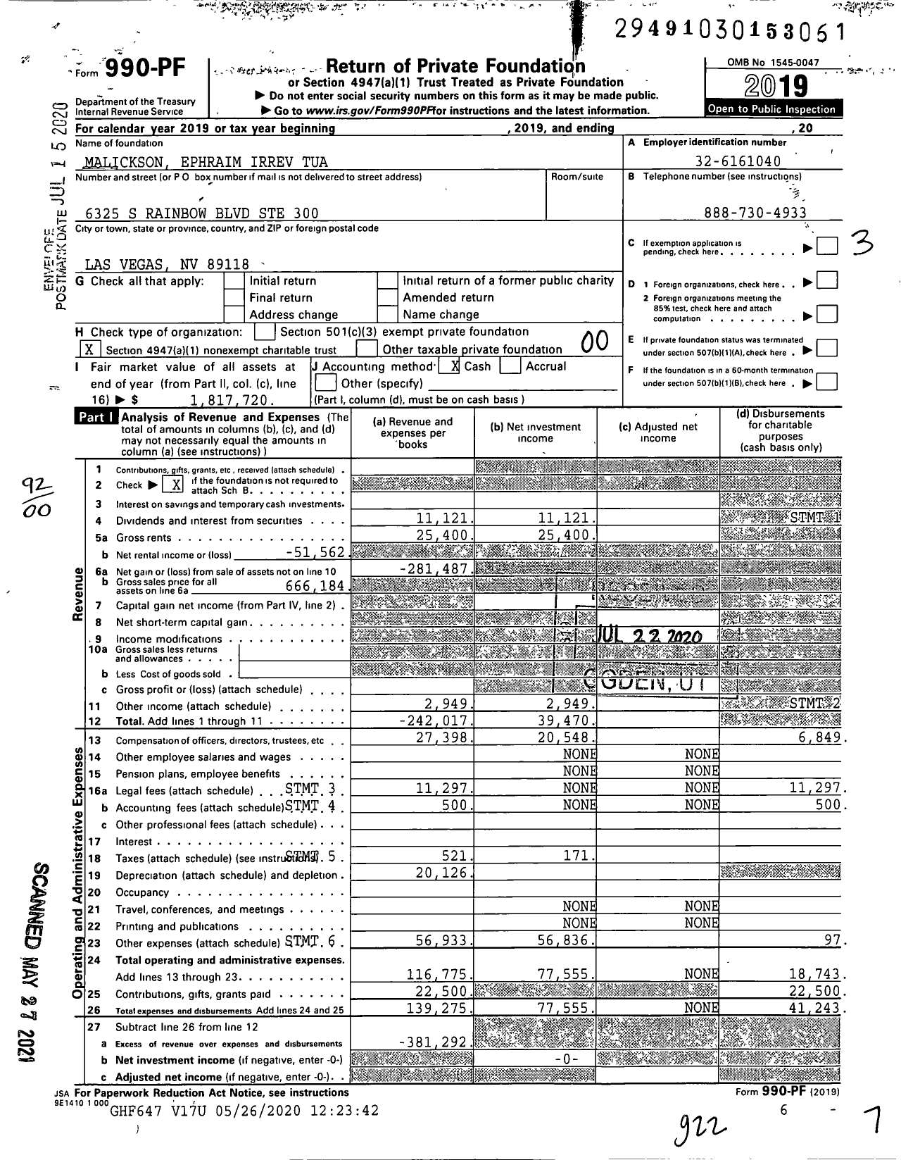 Image of first page of 2019 Form 990PF for Malickson Ephraim Irrev Tua