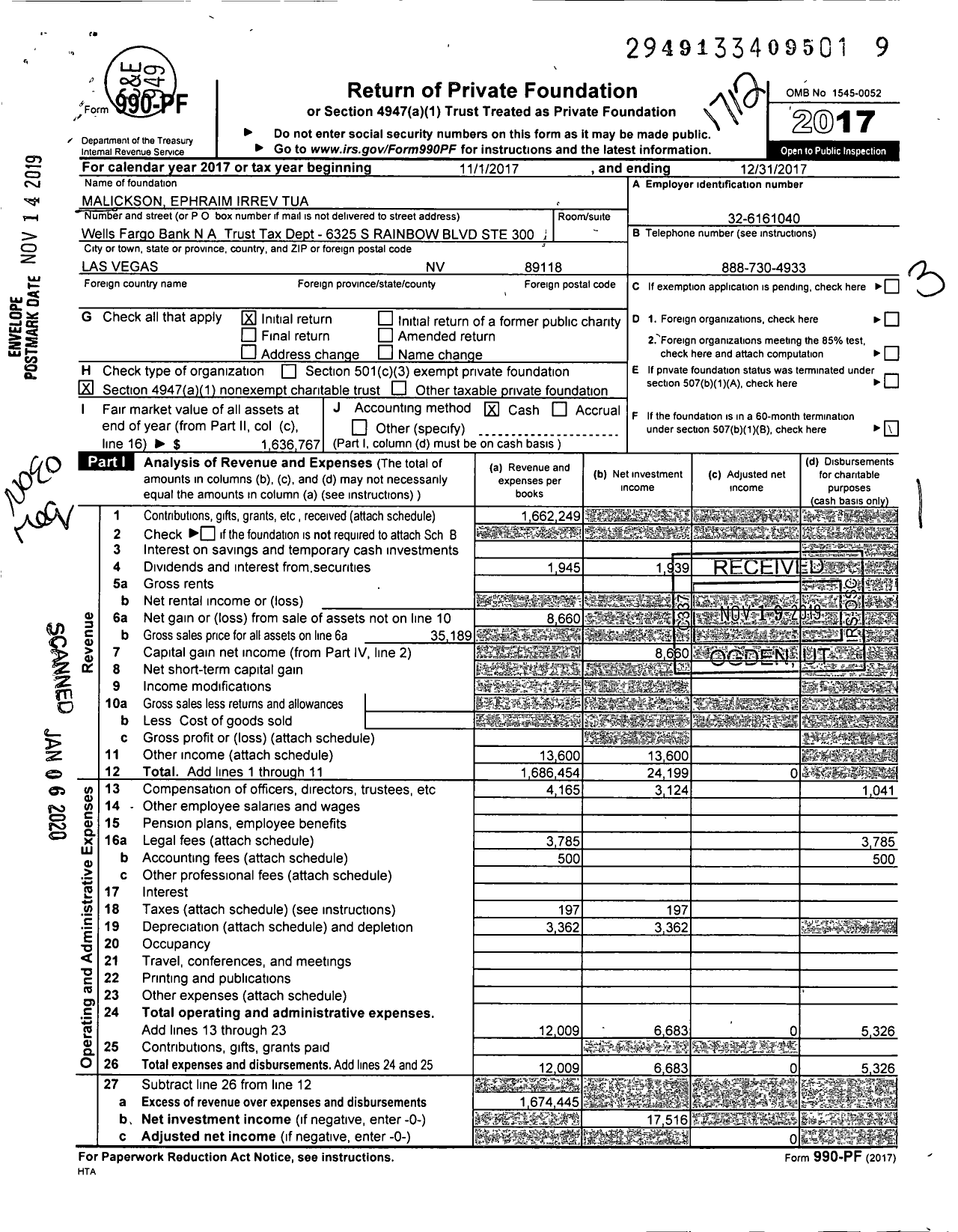 Image of first page of 2017 Form 990PF for Malickson Ephraim Irrev Tua