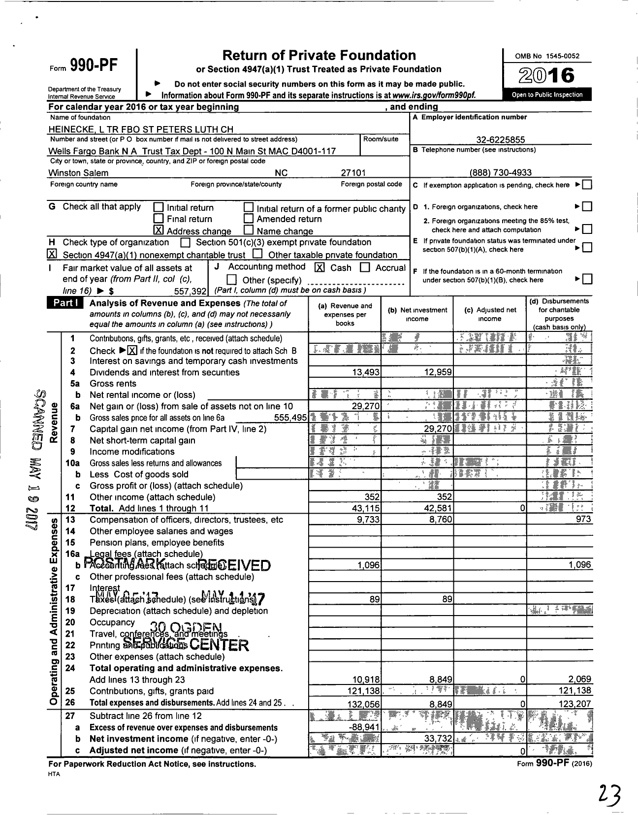 Image of first page of 2016 Form 990PF for Heinecke L TR Fbo St Peters Luth CH