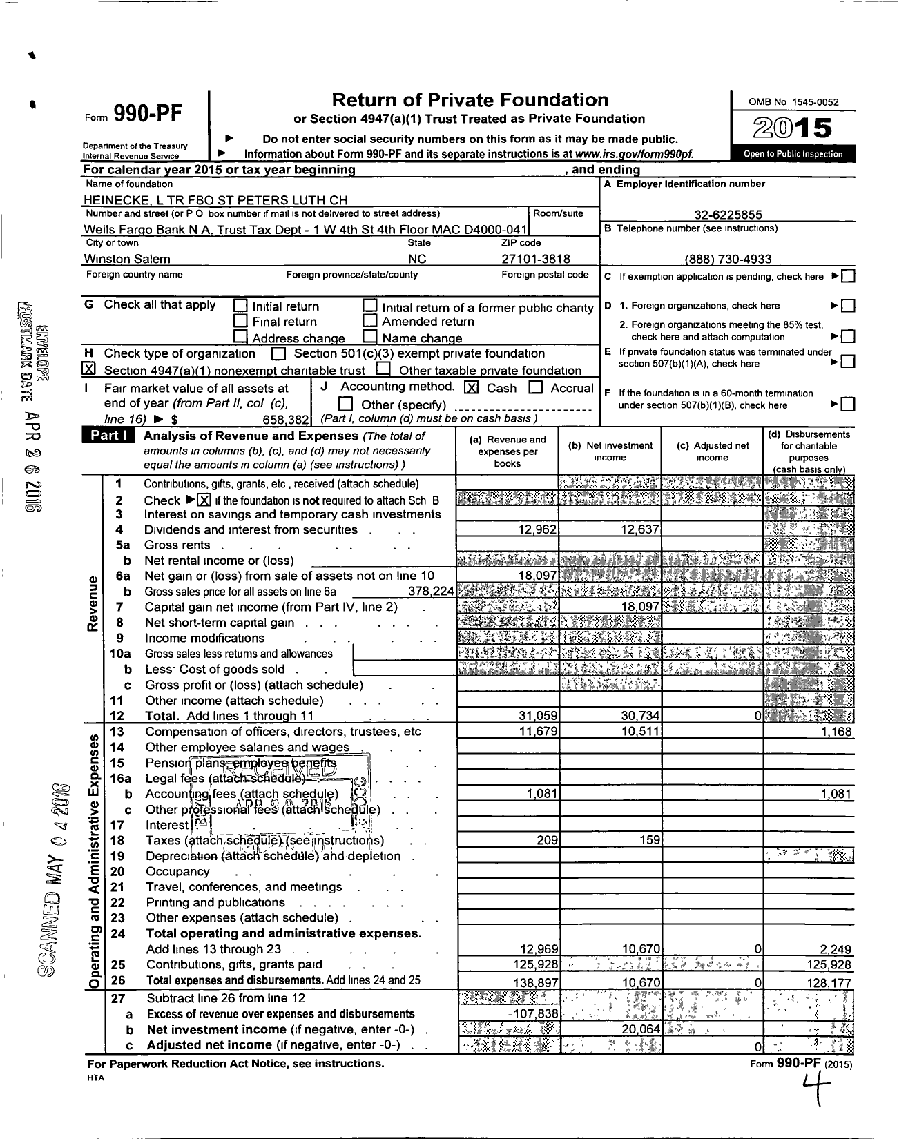 Image of first page of 2015 Form 990PF for Heinecke L TR Fbo St Peters Luth CH