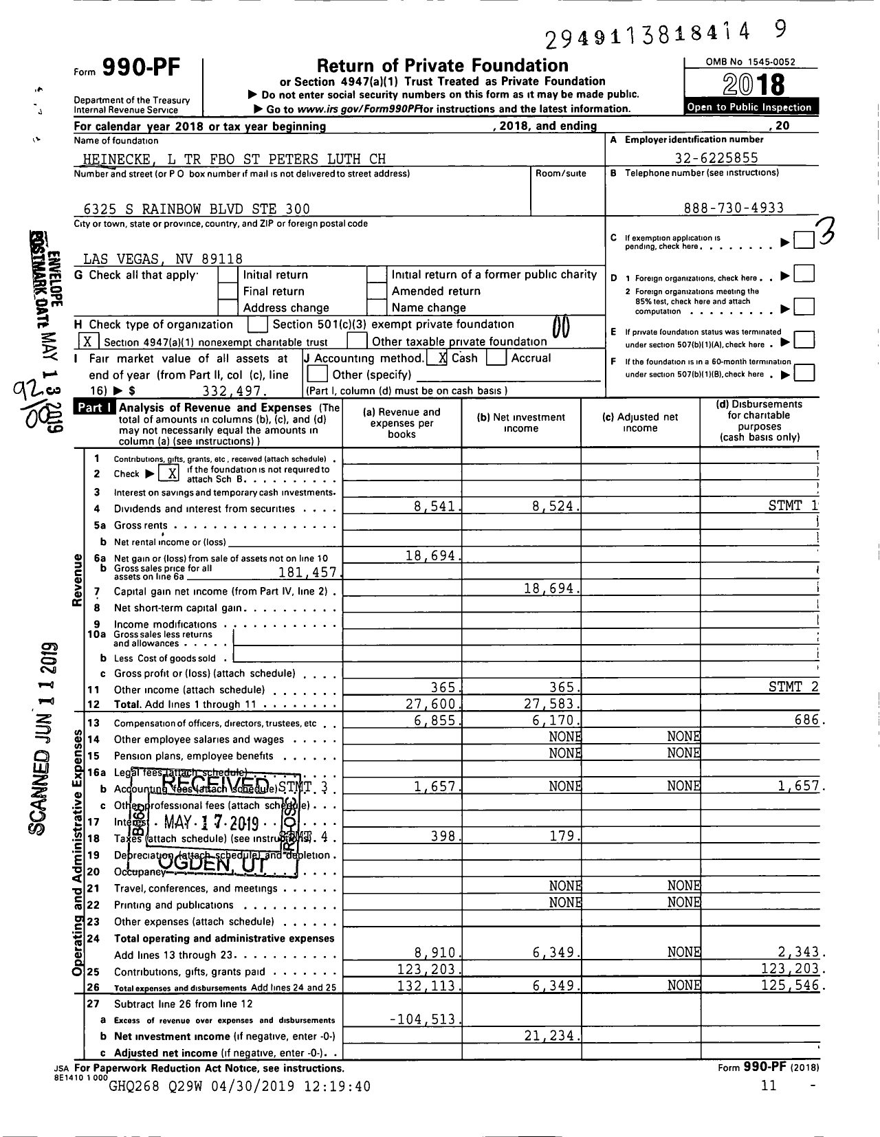 Image of first page of 2018 Form 990PF for Heinecke L TR Fbo St Peters Luth CH