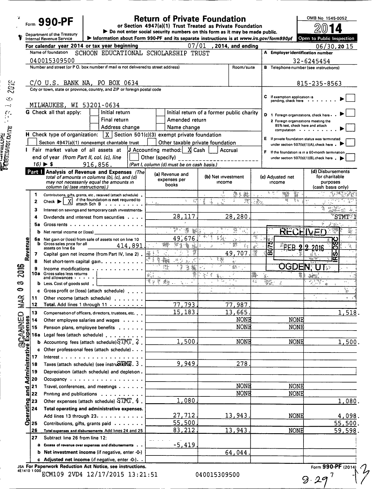 Image of first page of 2014 Form 990PF for Schoon Educational Scholarship Trust