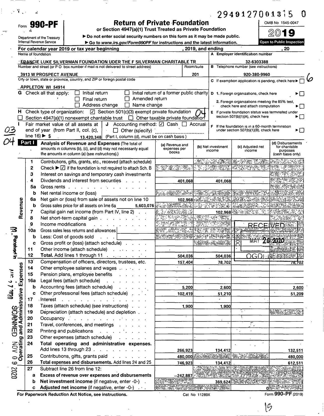 Image of first page of 2019 Form 990PF for Francie Luke Silverman Foundation Under the Francie Silverman