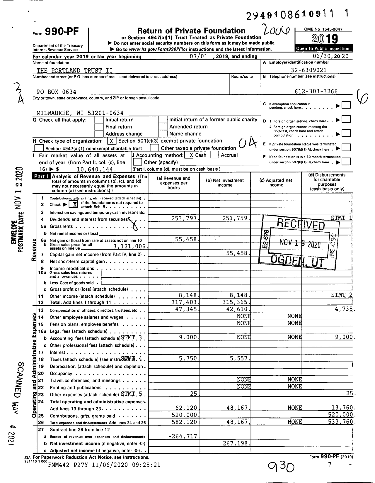 Image of first page of 2019 Form 990PF for The Portland Trust Ii