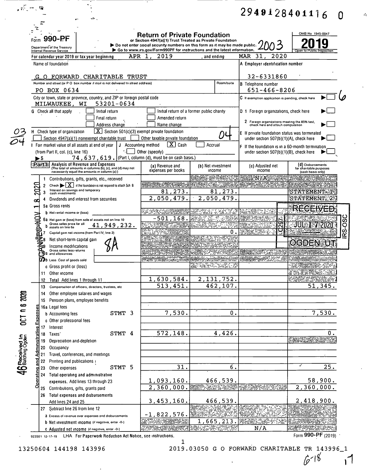 Image of first page of 2019 Form 990PF for G O Forward Charitable Trust