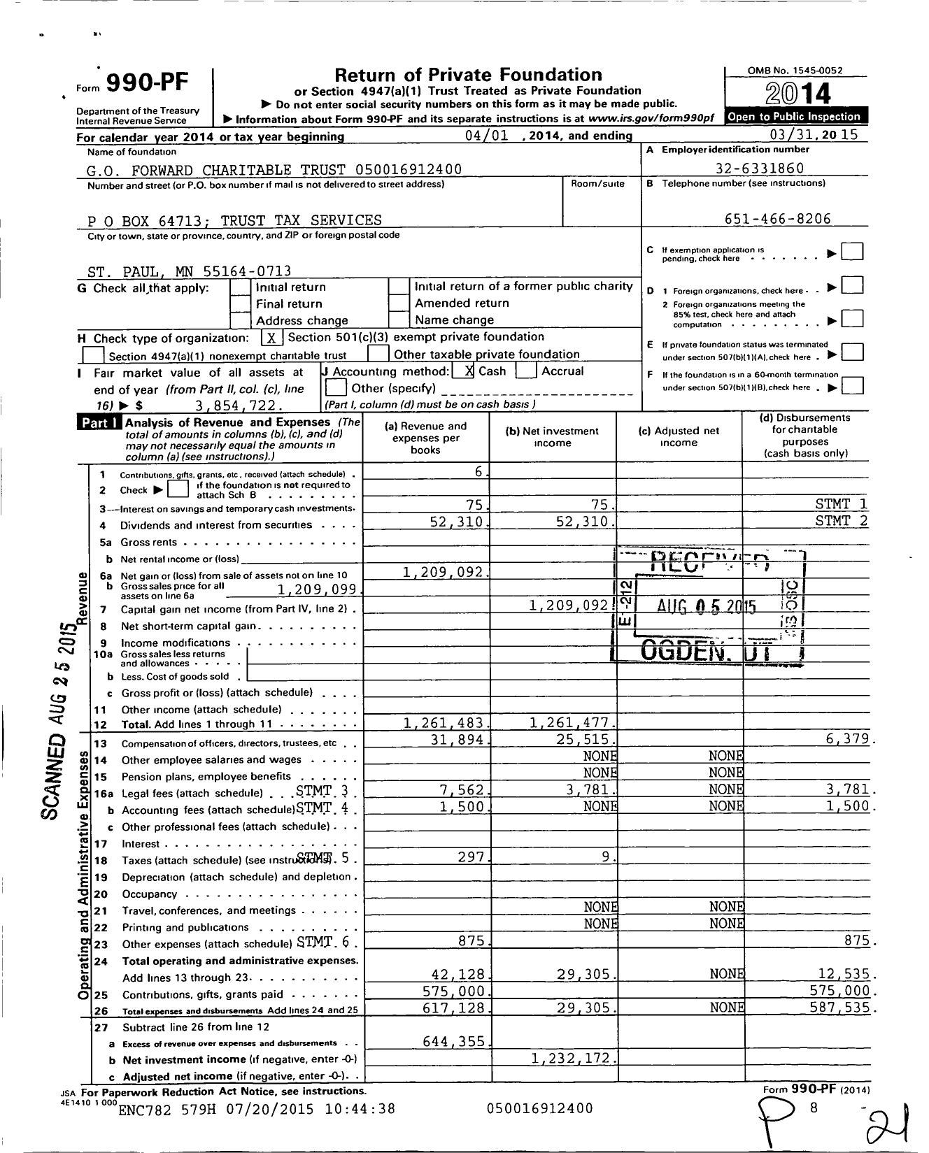 Image of first page of 2014 Form 990PF for G O Forward Charitable Trust