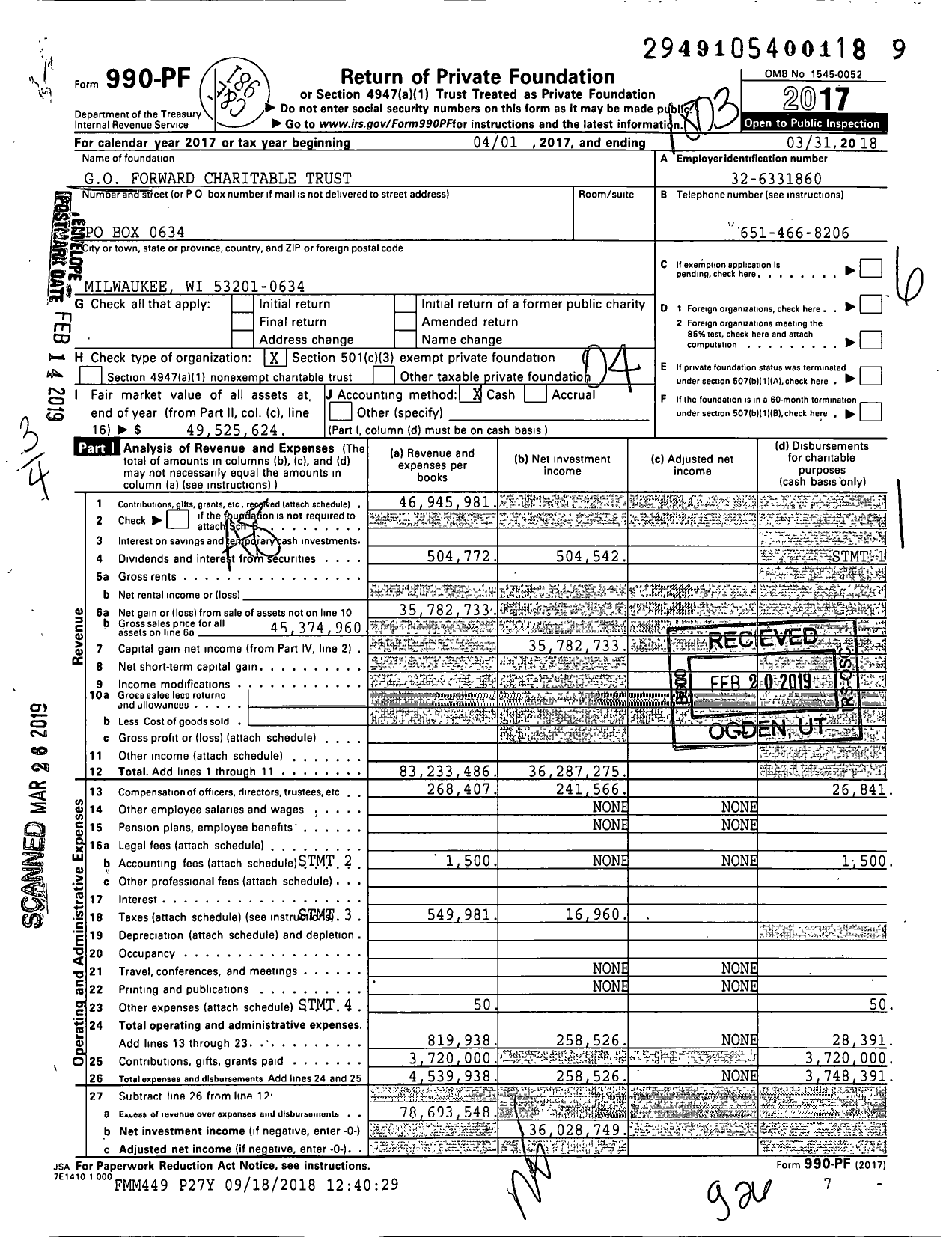 Image of first page of 2017 Form 990PF for G O Forward Charitable Trust