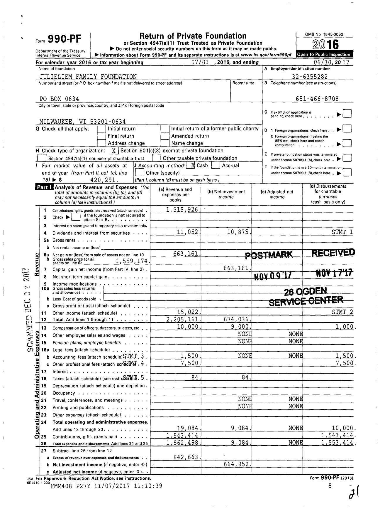 Image of first page of 2016 Form 990PF for Julieliem Family Foundation