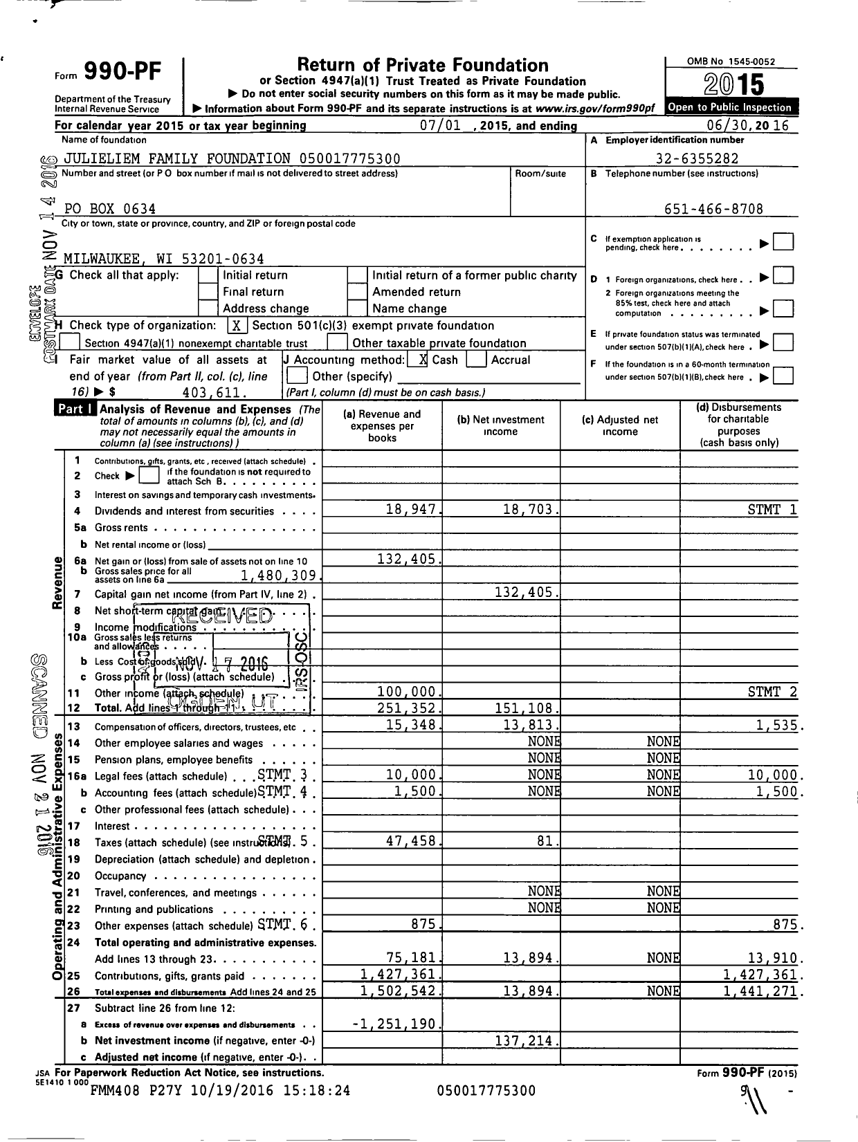 Image of first page of 2015 Form 990PF for Julieliem Family Foundation