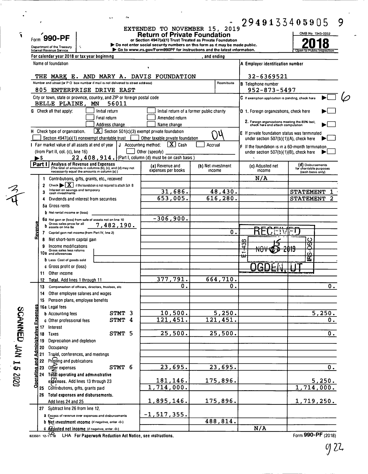 Image of first page of 2018 Form 990PF for The Mark E and Mary A Davis Foundation