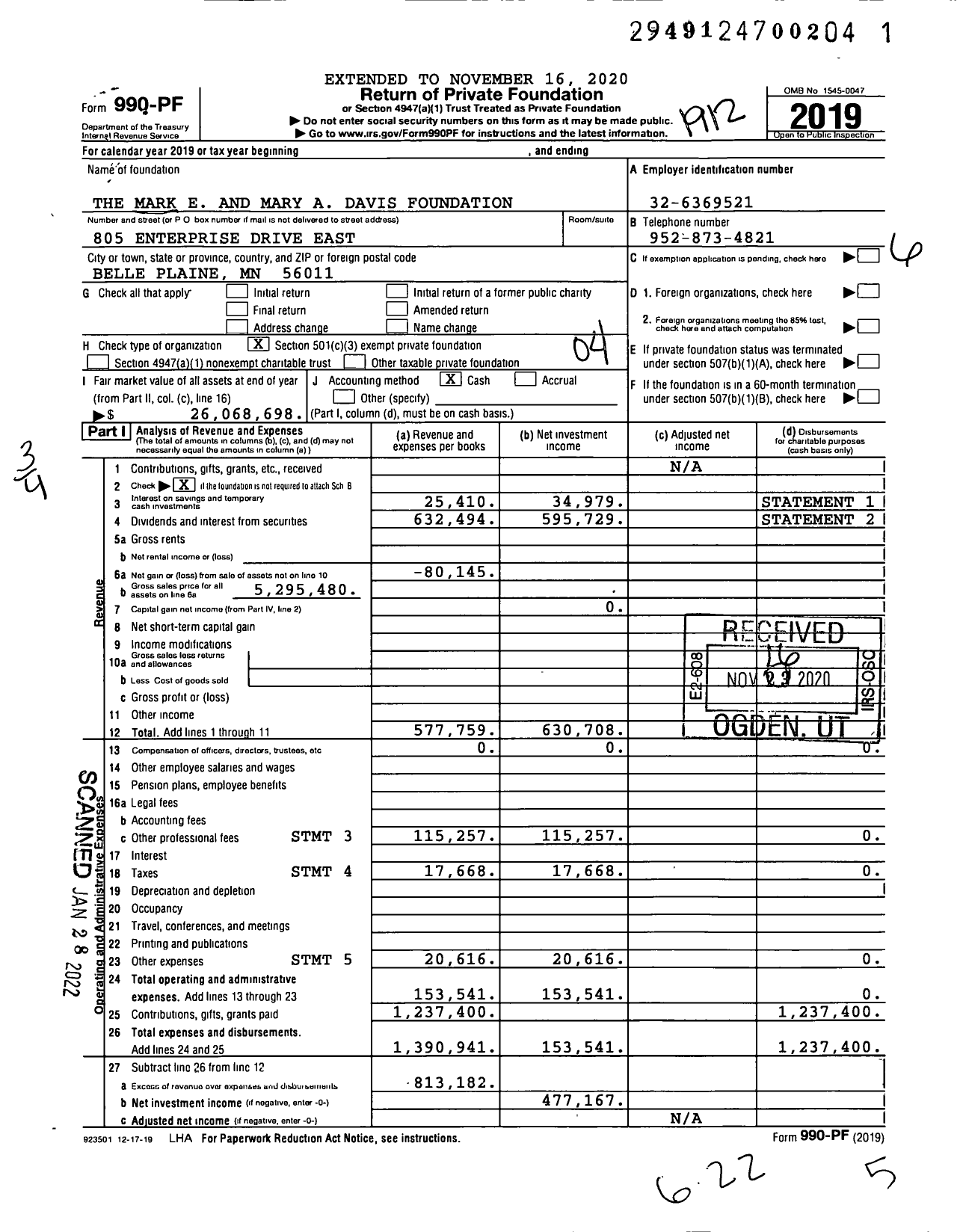 Image of first page of 2019 Form 990PF for The Mark E and Mary A Davis Foundation