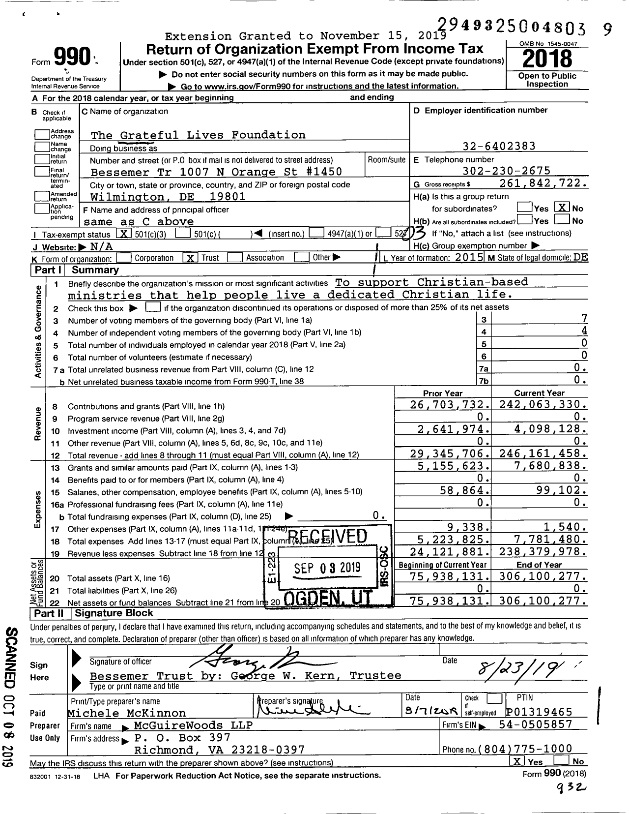 Image of first page of 2018 Form 990 for The Grateful Lives Foundation