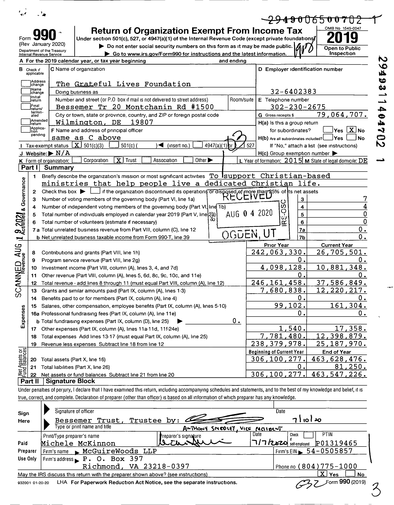 Image of first page of 2019 Form 990 for The Grateful Lives Foundation
