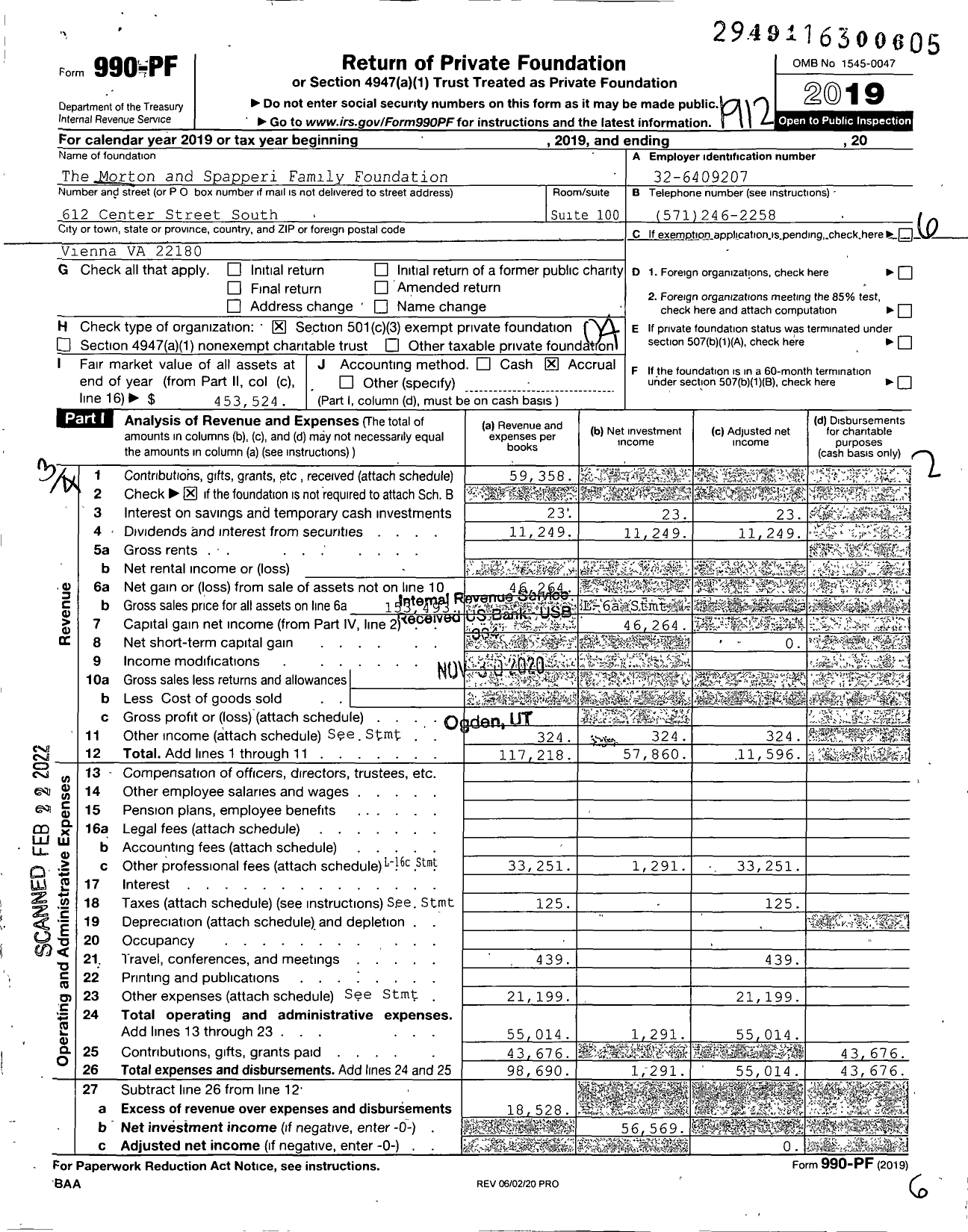 Image of first page of 2019 Form 990PF for The Morton and Spapperi Family Foundation