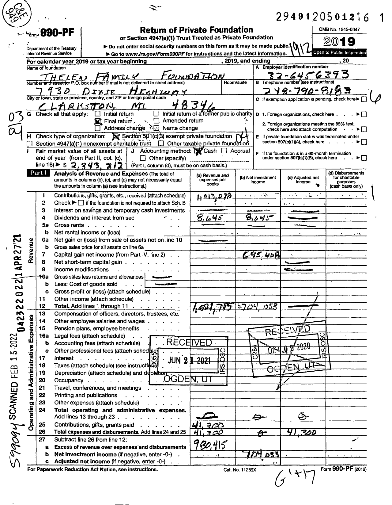 Image of first page of 2019 Form 990PF for Thelen Family Foundation