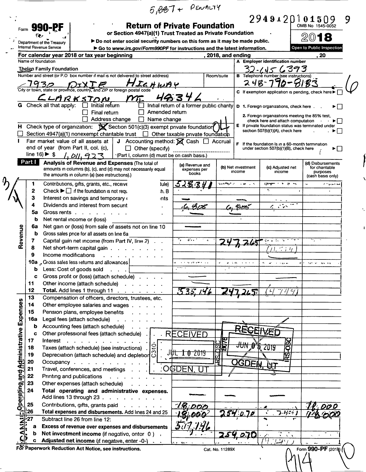 Image of first page of 2018 Form 990PF for Thelen Family Foundation