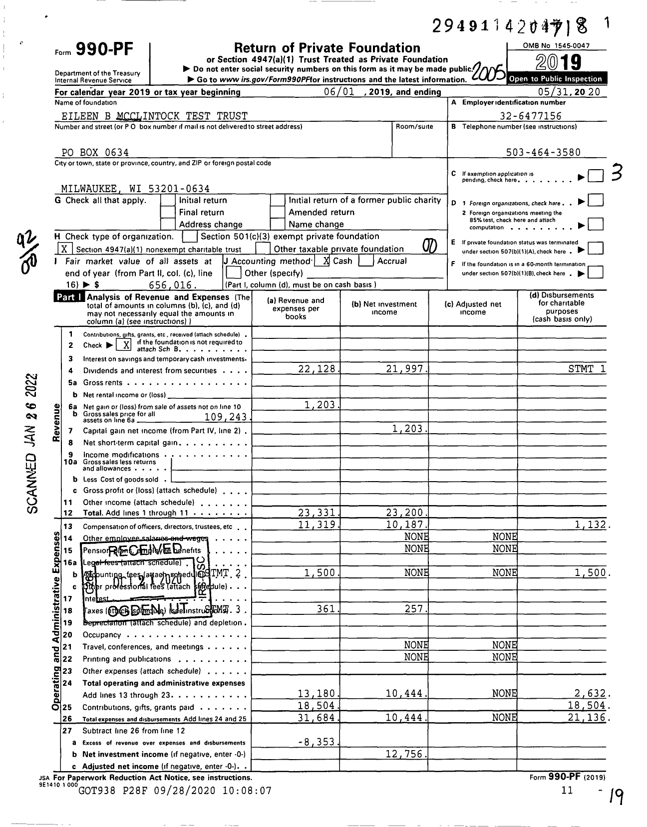 Image of first page of 2019 Form 990PF for Eileen B Mcclintock Test Trust