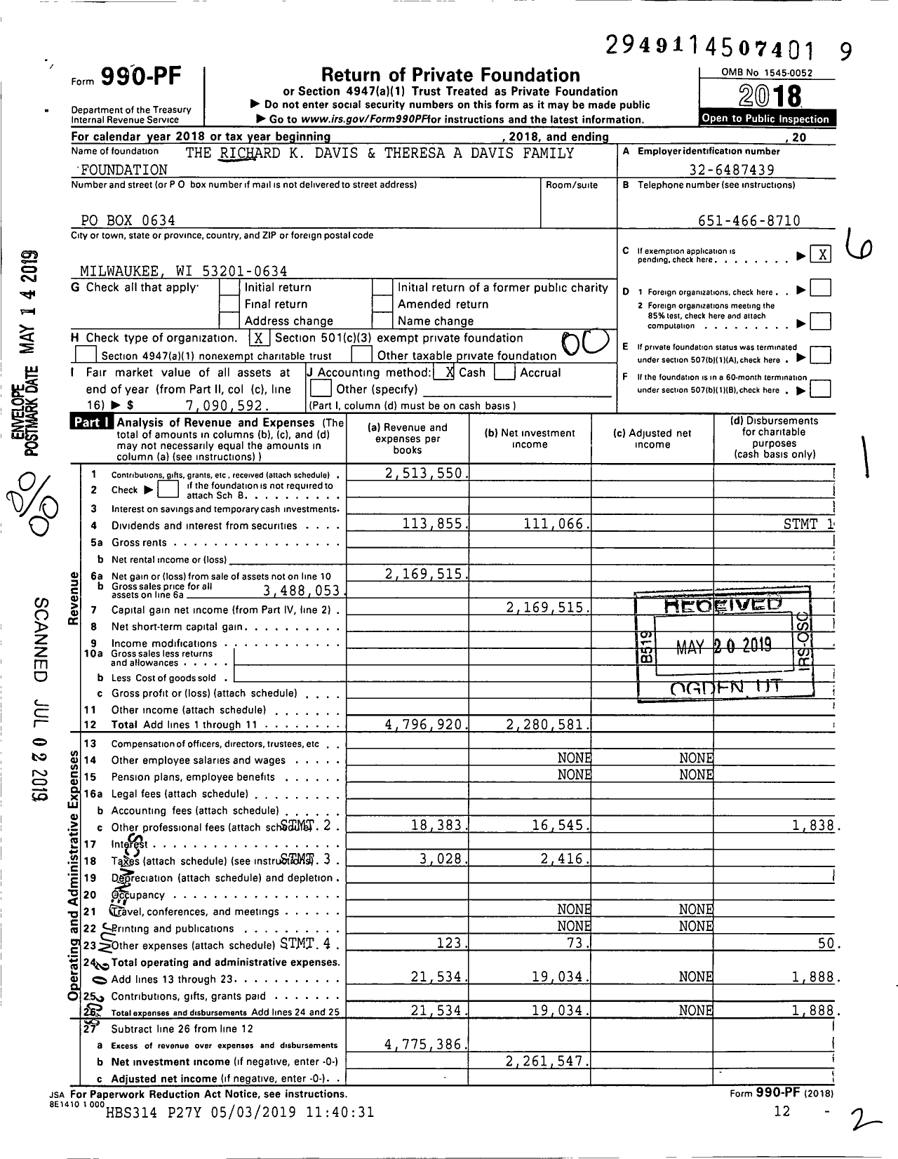 Image of first page of 2018 Form 990PF for The Richard K Davis and Theresa A Davis Family