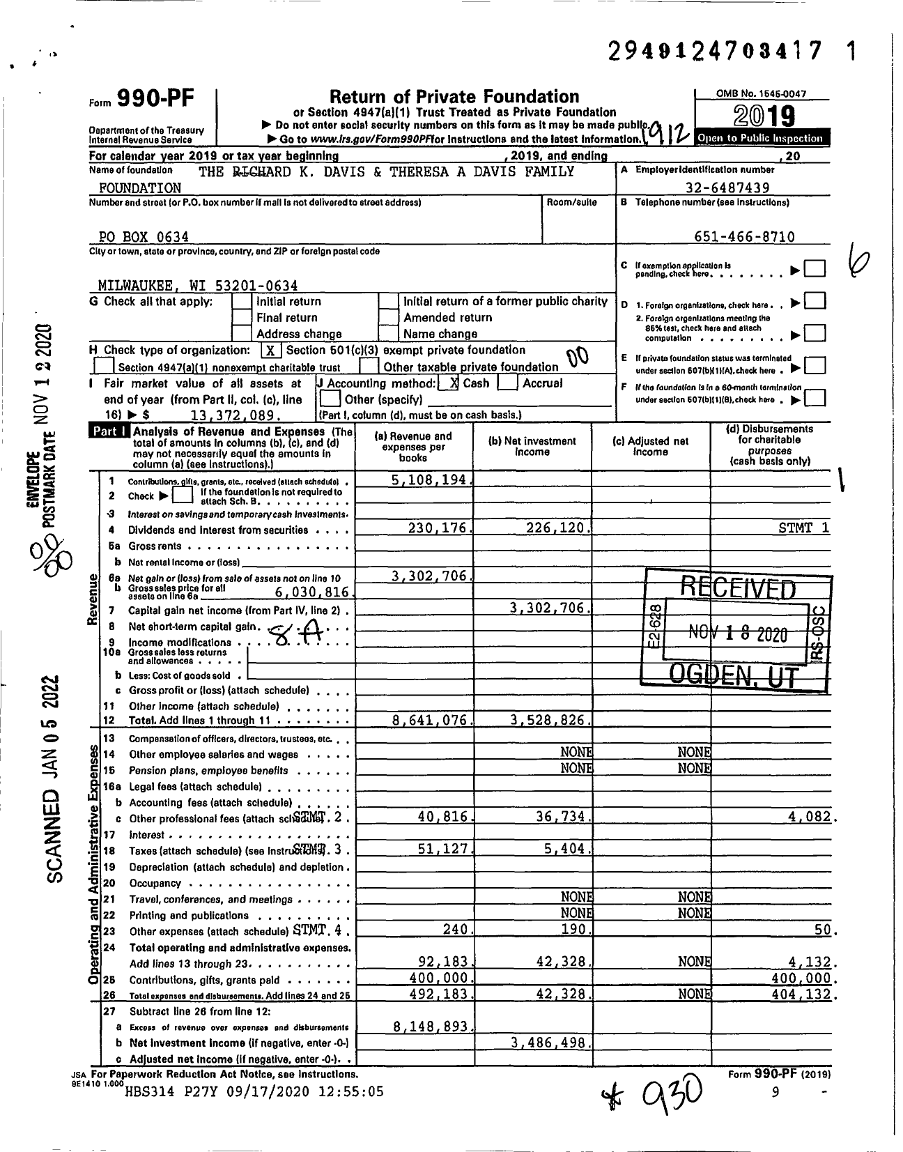 Image of first page of 2019 Form 990PF for The Richard K Davis and Theresa A Davis Family