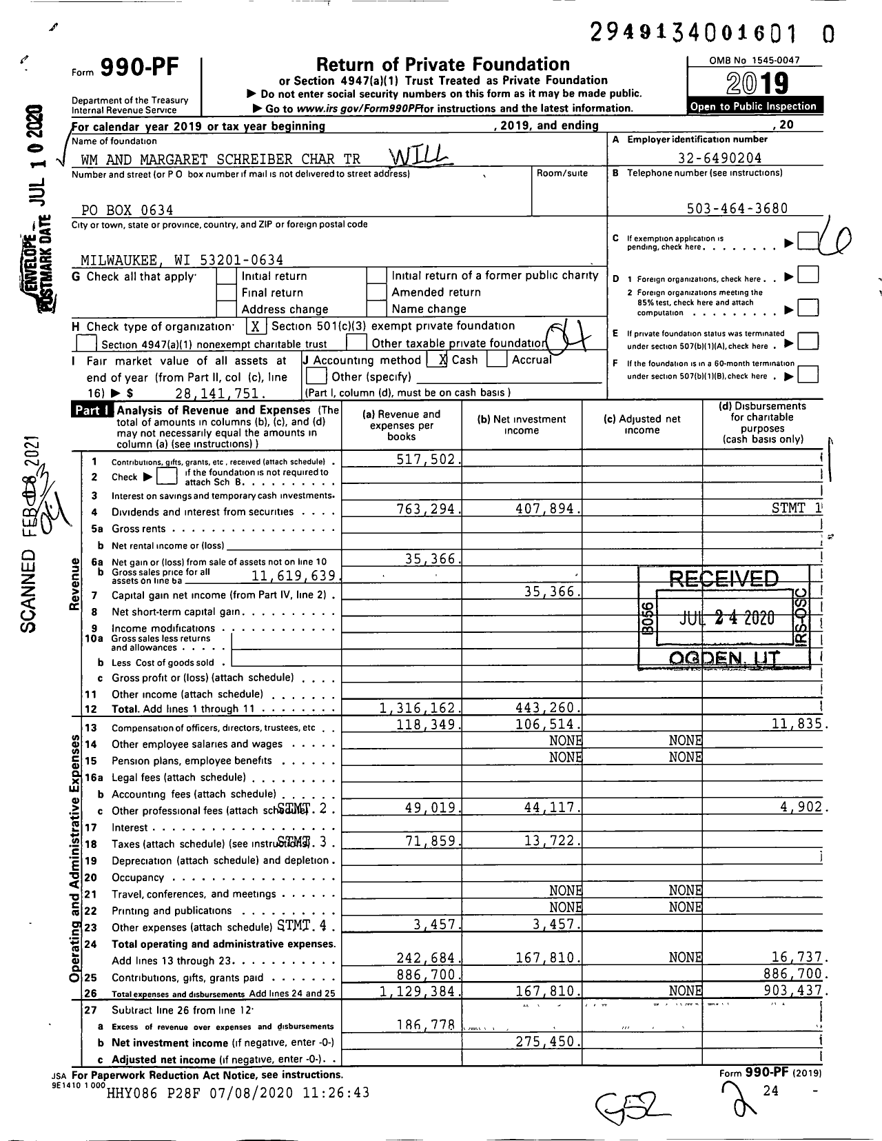 Image of first page of 2019 Form 990PF for WM and Margaret Schreiber Charitable Trust