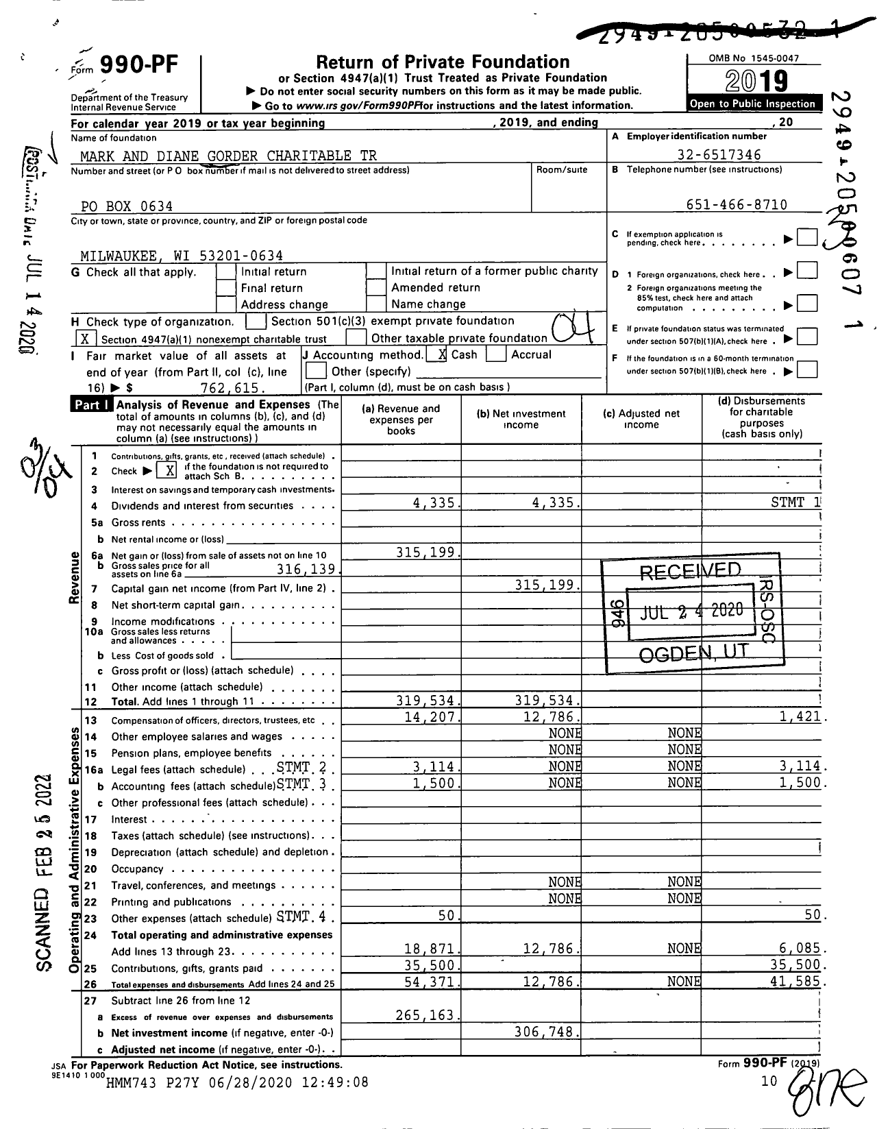 Image of first page of 2019 Form 990PF for Mark and Diane Gorder Charitable Trust