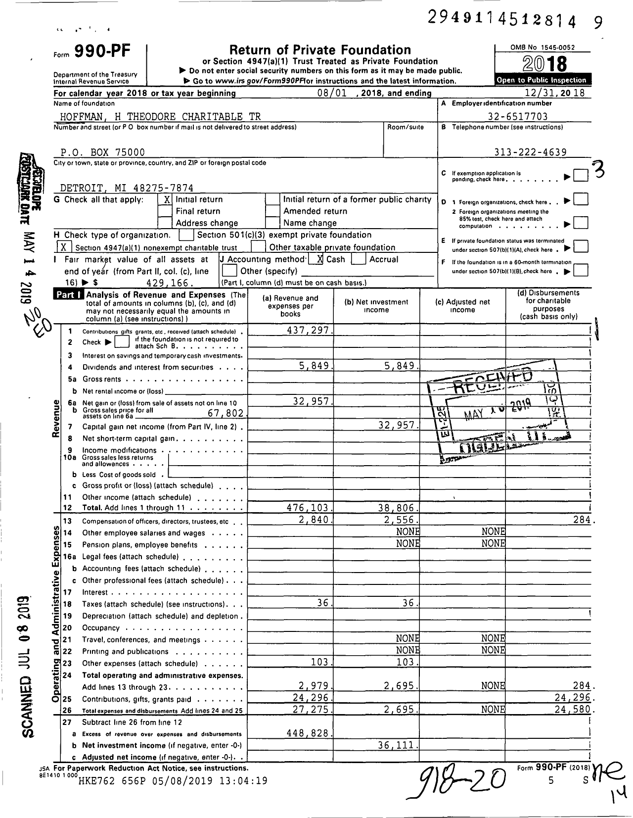 Image of first page of 2018 Form 990PF for Hoffman H Theodore Charitable Trust