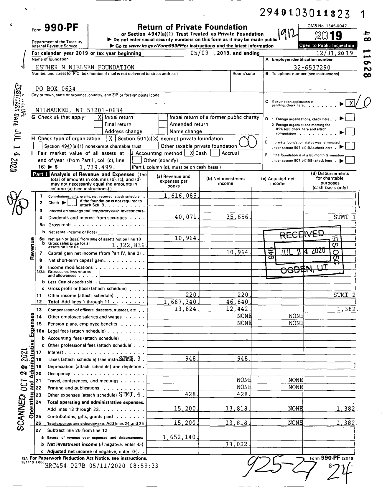 Image of first page of 2019 Form 990PF for Esther N Nielsen Foundation