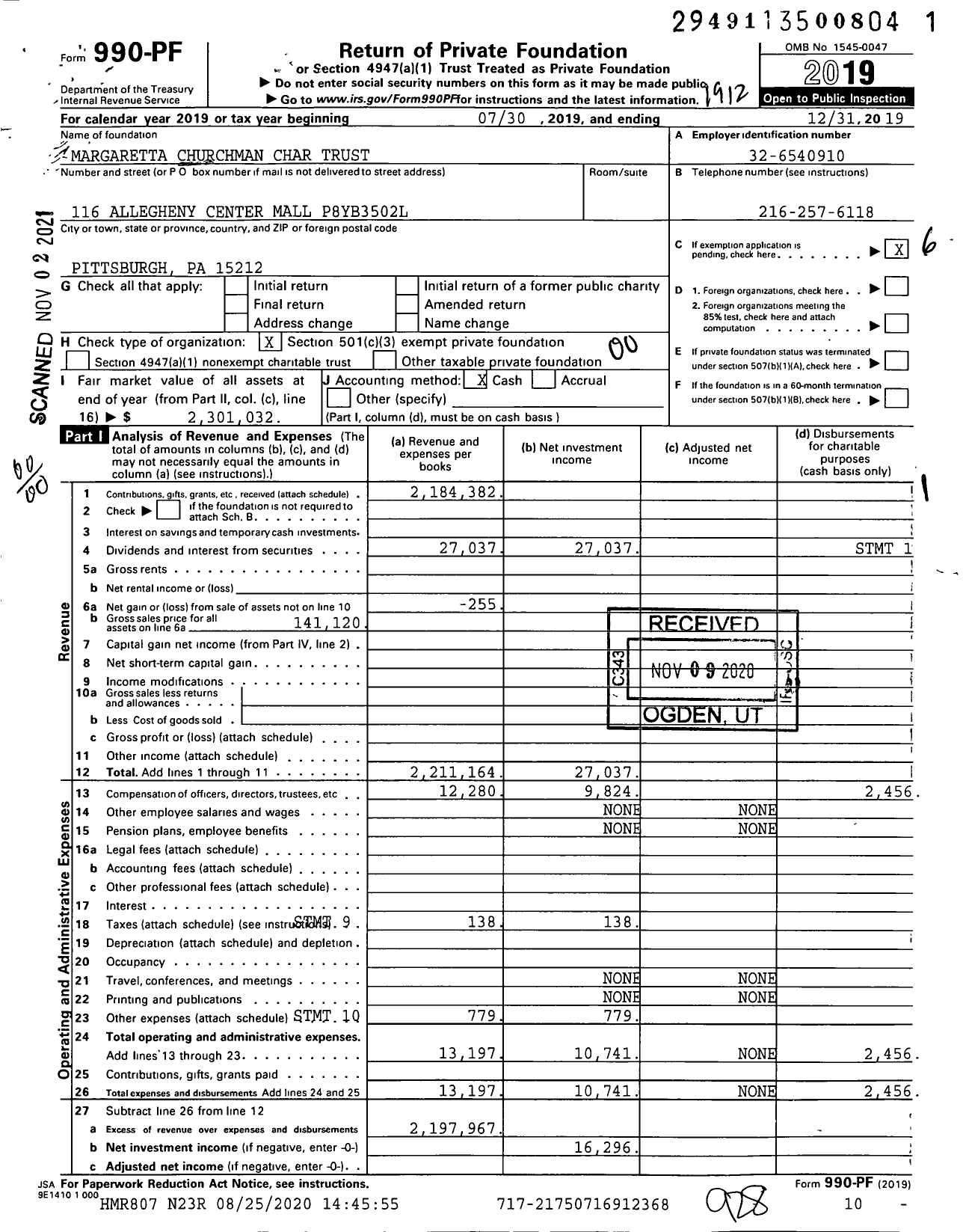 Image of first page of 2019 Form 990PF for Margaretta Churchman Char Trust