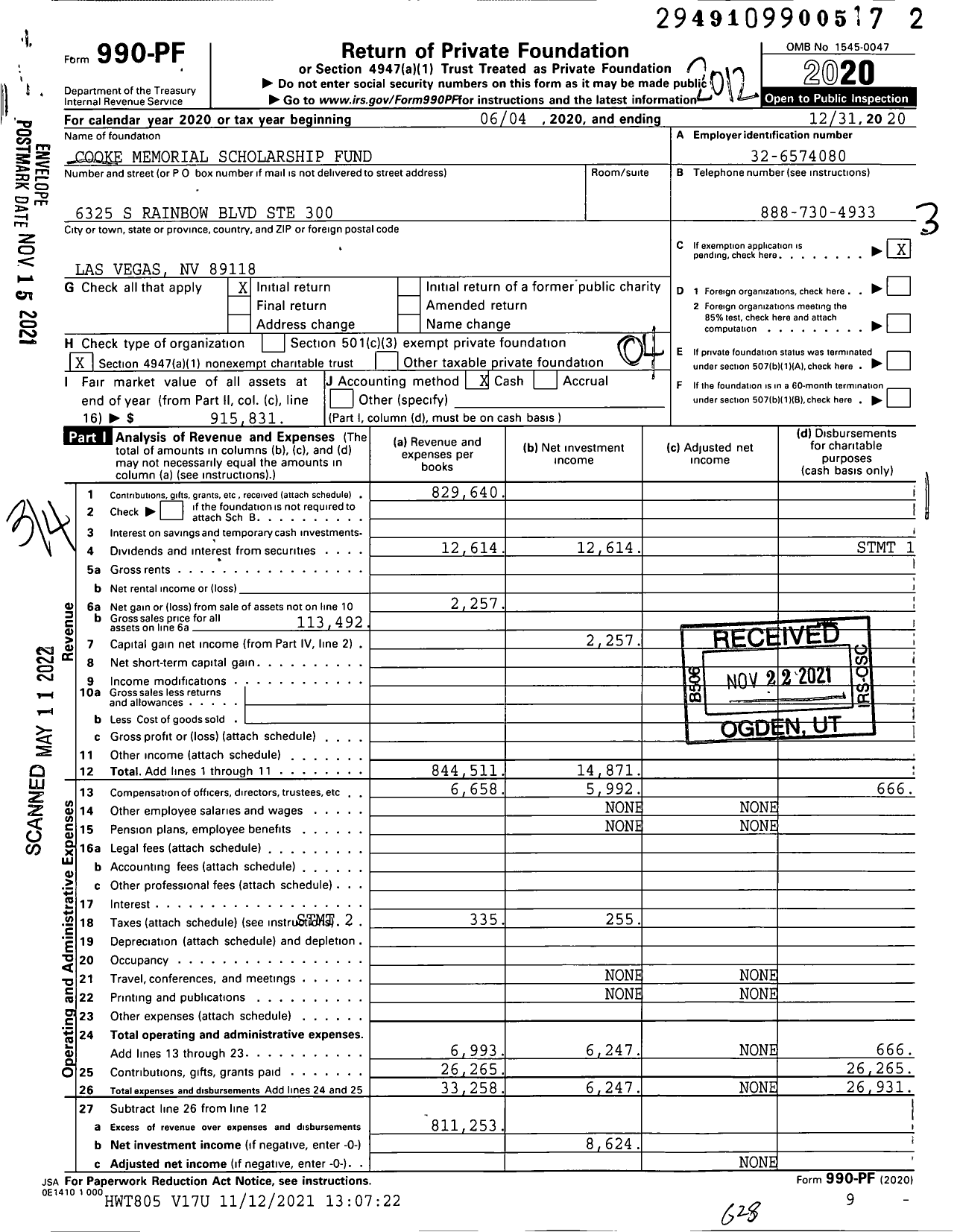 Image of first page of 2020 Form 990PF for Cooke Memorial Scholarship Fund