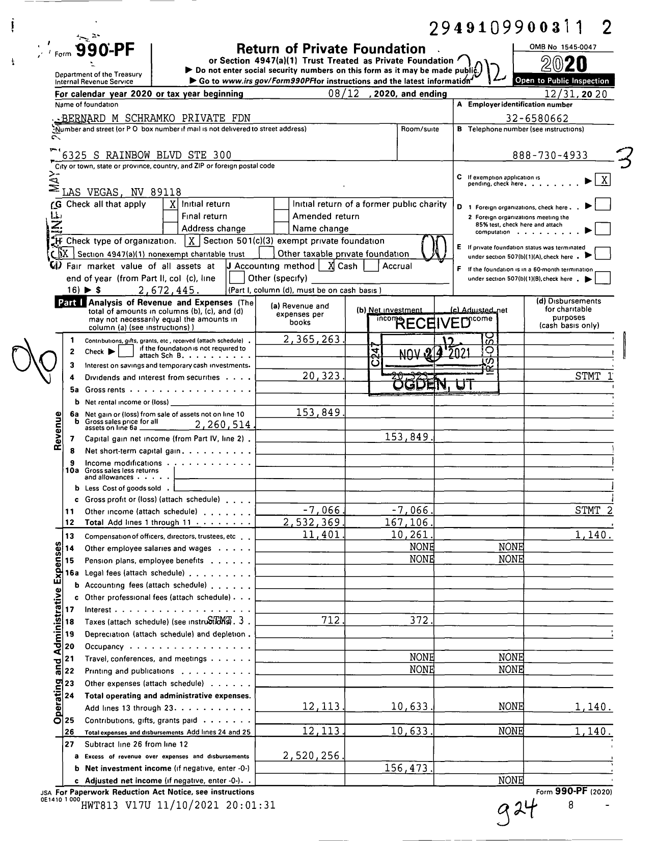 Image of first page of 2020 Form 990PF for Bernard M Schramko Private Foundation