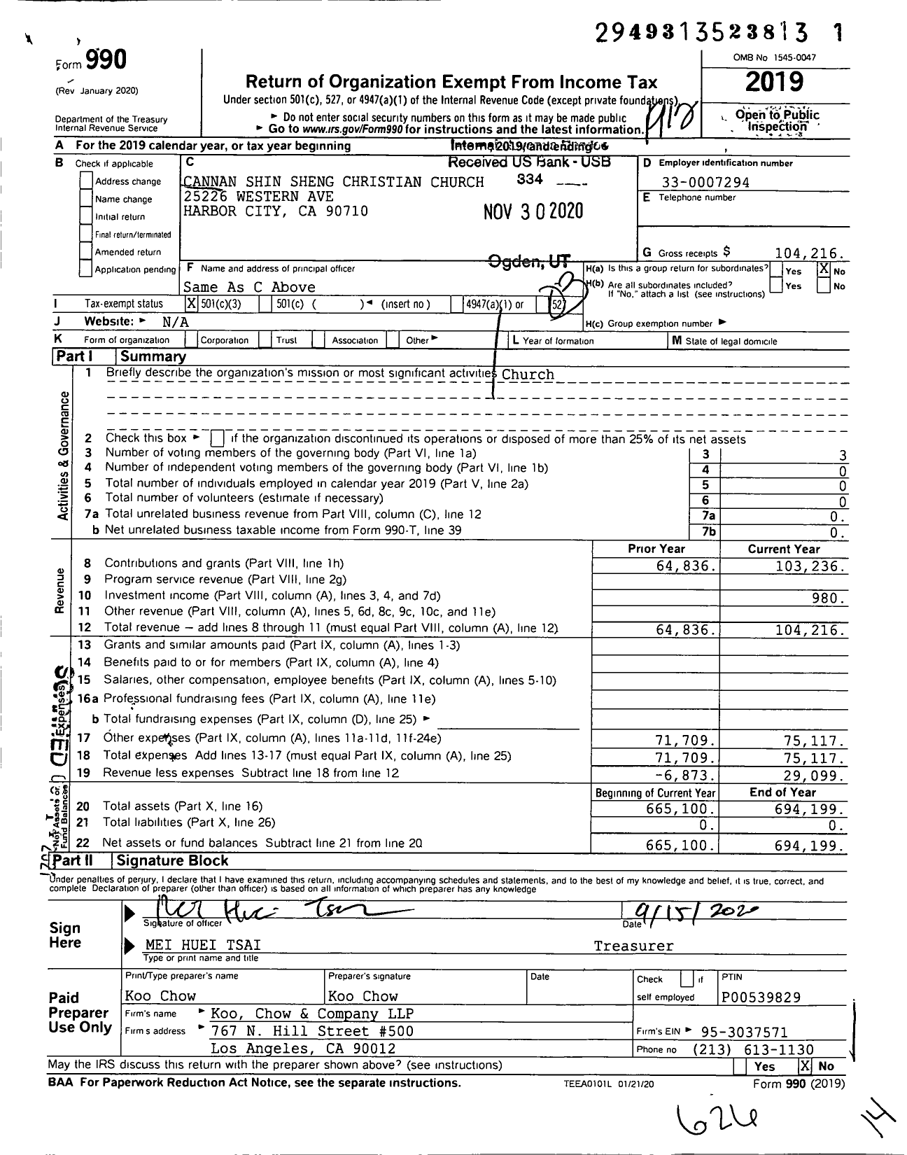Image of first page of 2019 Form 990 for Cannan Shin Sheng Christian Church